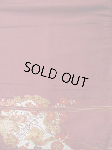 Photo3: L0706M Vintage Japanese Kimono  Dark Dark Red NAGOYA OBI sash Peony Silk. (Grade B) (3)