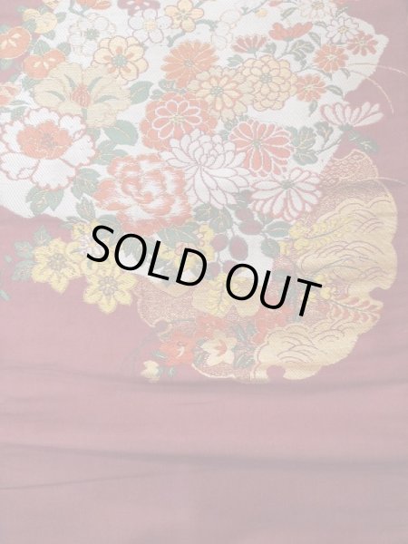 Photo4: L0706M Vintage Japanese Kimono  Dark Dark Red NAGOYA OBI sash Peony Silk. (Grade B) (4)