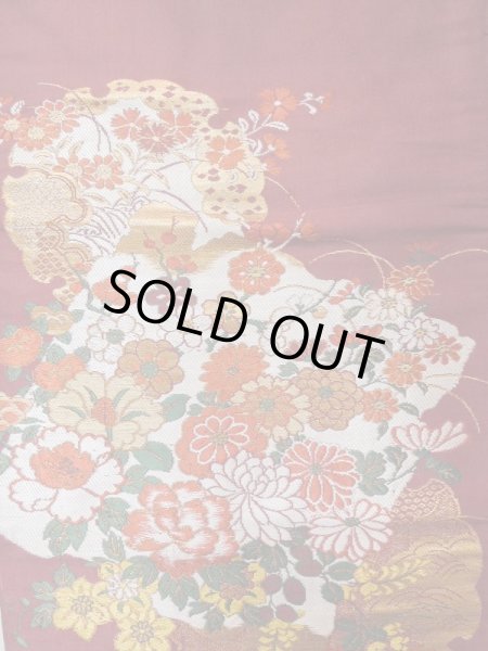 Photo5: L0706M Vintage Japanese Kimono  Dark Dark Red NAGOYA OBI sash Peony Silk. (Grade B) (5)