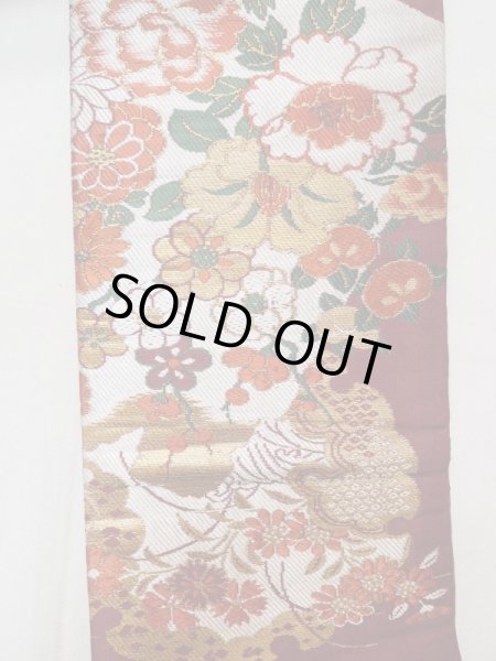 Photo6: L0706M Vintage Japanese Kimono  Dark Dark Red NAGOYA OBI sash Peony Silk. (Grade B) (6)