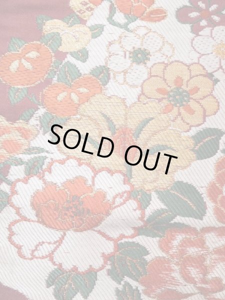 Photo9: L0706M Vintage Japanese Kimono  Dark Dark Red NAGOYA OBI sash Peony Silk. (Grade B) (9)