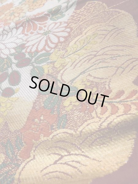 Photo12: L0706M Vintage Japanese Kimono  Dark Dark Red NAGOYA OBI sash Peony Silk. (Grade B) (12)