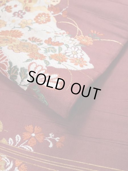 Photo13: L0706M Vintage Japanese Kimono  Dark Dark Red NAGOYA OBI sash Peony Silk. (Grade B) (13)