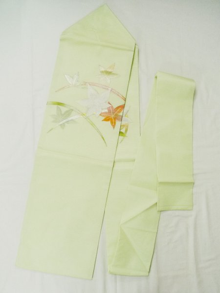 Photo1: L0706W Vintage Japanese Kimono Pale Light Teal NAGOYA OBI sash MOMIJI maple leaf Silk. (Grade A) (1)