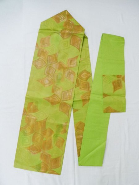 Photo1: L0707A Vintage Japanese Kimono   Yellowish Green NAGOYA OBI sash Abstract pattern Silk. (Grade A) (1)