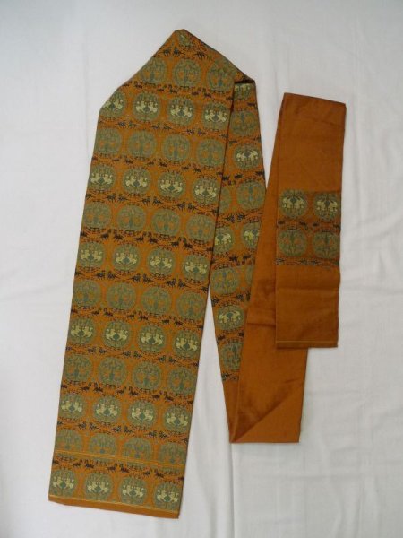 Photo1: L0707D Vintage Japanese Kimono  Pale Orange NAGOYA OBI sash Chinz pattern Silk. (Grade B) (1)