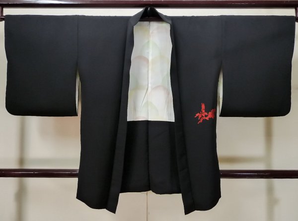 Photo1: L0713G Used Japanese women  Black HAORI short jacket / Synthetic. Bamboo leaf,   (Grade A) (1)