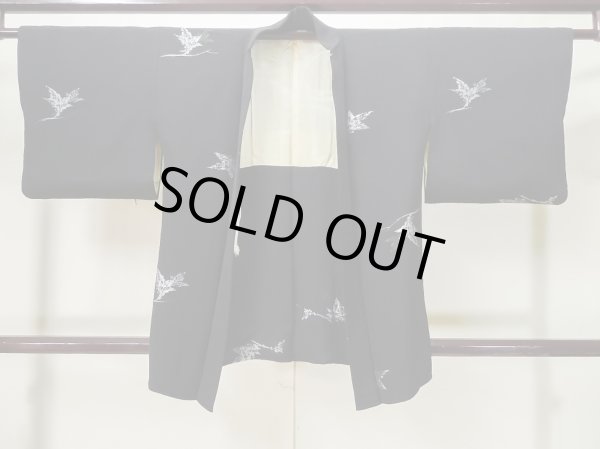 Photo1: L0713P Used Japanese women  Black HAORI short jacket / Silk. Leaf   (Grade B) (1)