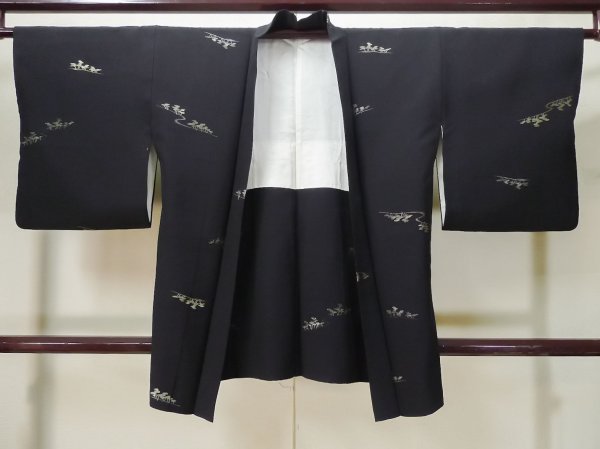 Photo1: Mint L0713S Used Japanese women  Black HAORI short jacket / Synthetic. Pine tree/branch/needle   (Grade A) (1)