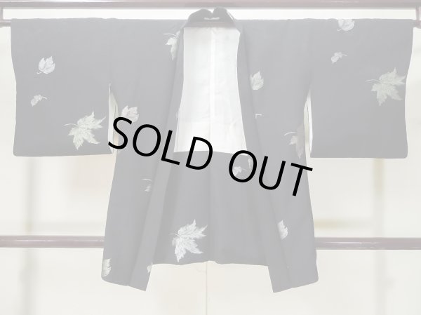 Photo1: L0713X Used Japanese women  Black HAORI short jacket / Synthetic. MOMIJI maple leaf,   (Grade A) (1)