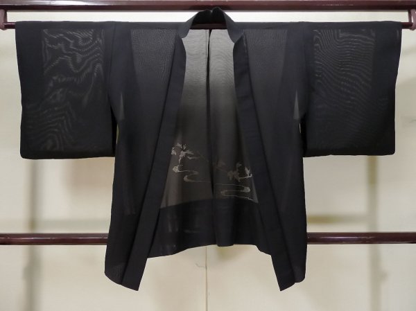 Photo1: L0720D Used Japanese women  Black HAORI short jacket / Silk. Leaf,   (Grade C) (1)