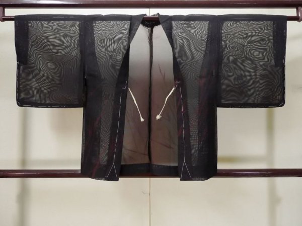 Photo1: L0720K Used Japanese women Reddish Black HAORI short jacket / Silk. Tall grass,   (Grade B) (1)