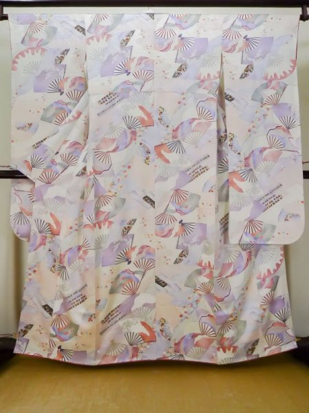 Photo2: L0727A Used Japanese womenPale Light Multi Color FURISODE long-sleeved / Silk. Flower,   (Grade B) (2)