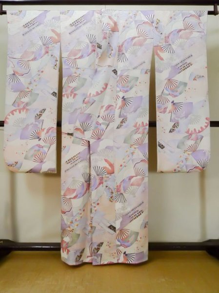 Photo3: L0727A Used Japanese womenPale Light Multi Color FURISODE long-sleeved / Silk. Flower,   (Grade B) (3)
