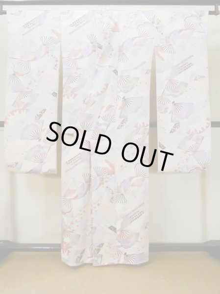 Photo4: L0727A Used Japanese womenPale Light Multi Color FURISODE long-sleeved / Silk. Flower,   (Grade B) (4)