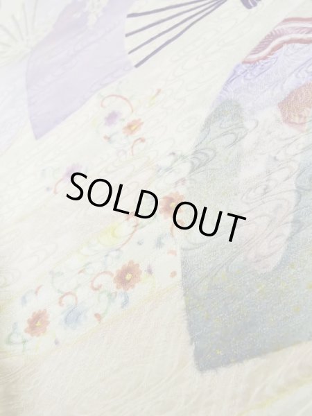 Photo16: L0727A Used Japanese womenPale Light Multi Color FURISODE long-sleeved / Silk. Flower,   (Grade B) (16)