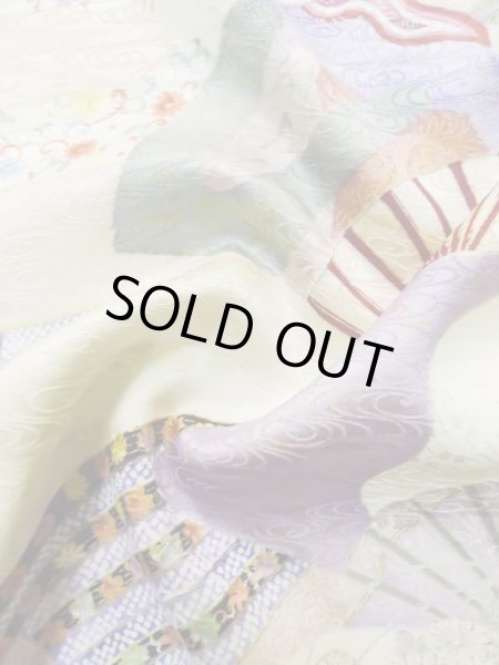 Photo18: L0727A Used Japanese womenPale Light Multi Color FURISODE long-sleeved / Silk. Flower,   (Grade B) (18)