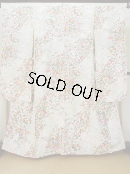 Photo2: L0727B Used Japanese women  Off White FURISODE long-sleeved / Silk. Flower,   (Grade A) (2)