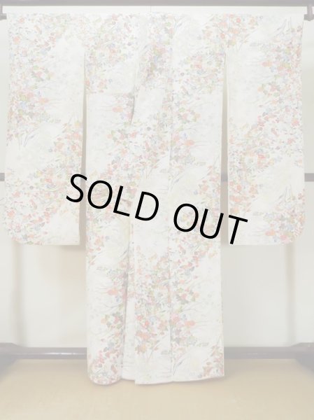 Photo4: L0727B Used Japanese women  Off White FURISODE long-sleeved / Silk. Flower,   (Grade A) (4)
