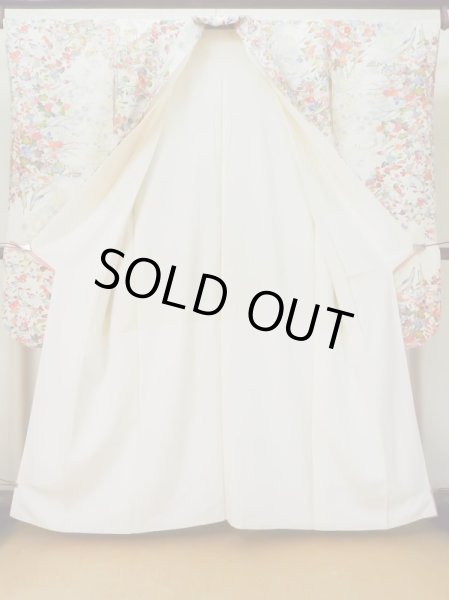 Photo5: L0727B Used Japanese women  Off White FURISODE long-sleeved / Silk. Flower,   (Grade A) (5)