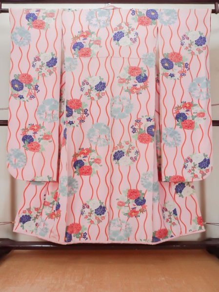 Photo1: L0727C Used Japanese women Light Pink FURISODE long-sleeved / Silk. Peony, For Kids, padding at the bottom  (Grade D) (1)