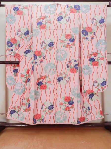 Photo2: L0727C Used Japanese women Light Pink FURISODE long-sleeved / Silk. Peony, For Kids, padding at the bottom  (Grade D) (2)
