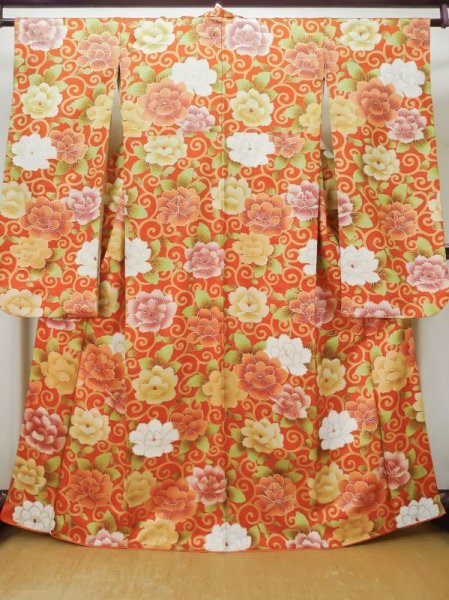 Photo1: L0727E Used Japanese women  Vermilion FURISODE long-sleeved / Silk. Peony,   (Grade D) (1)