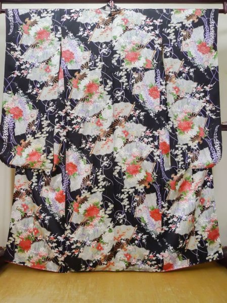 Photo1: L0727F Used Japanese women  Black FURISODE long-sleeved / Silk. Flower, Iris, Folding fan pattern  (Grade B) (1)