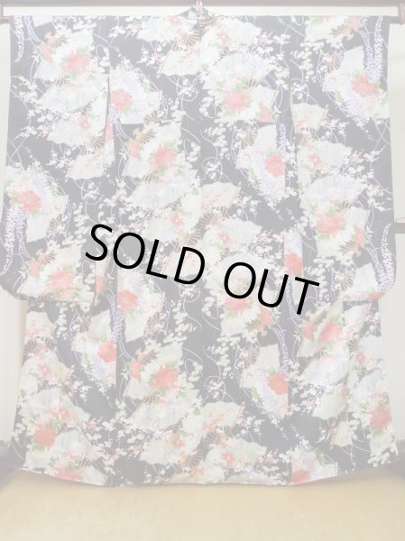 Photo1: L0727F Used Japanese women  Black FURISODE long-sleeved / Silk. Flower, Iris, Folding fan pattern  (Grade B) (1)