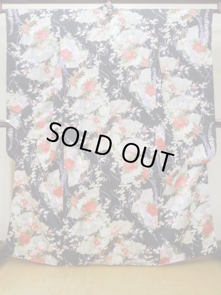 Photo2: L0727F Used Japanese women  Black FURISODE long-sleeved / Silk. Flower, Iris, Folding fan pattern  (Grade B) (2)