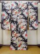 Photo3: L0727F Used Japanese women  Black FURISODE long-sleeved / Silk. Flower, Iris, Folding fan pattern  (Grade B) (3)