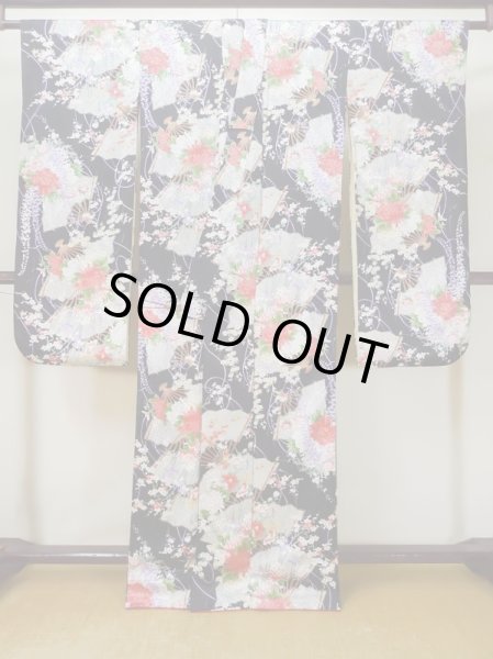 Photo3: L0727F Used Japanese women  Black FURISODE long-sleeved / Silk. Flower, Iris, Folding fan pattern  (Grade B) (3)