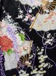 Photo6: L0727F Used Japanese women  Black FURISODE long-sleeved / Silk. Flower, Iris, Folding fan pattern  (Grade B) (6)