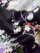 Photo15: L0727F Used Japanese women  Black FURISODE long-sleeved / Silk. Flower, Iris, Folding fan pattern  (Grade B) (15)