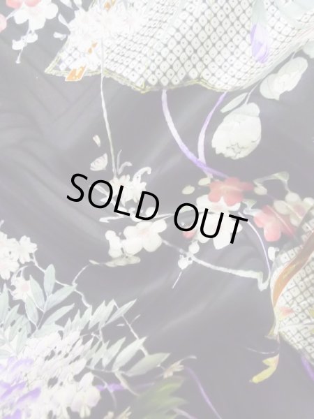 Photo15: L0727F Used Japanese women  Black FURISODE long-sleeved / Silk. Flower, Iris, Folding fan pattern  (Grade B) (15)