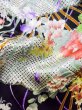 Photo16: L0727F Used Japanese women  Black FURISODE long-sleeved / Silk. Flower, Iris, Folding fan pattern  (Grade B) (16)