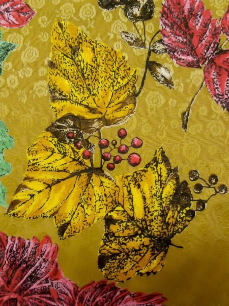 Photo9: L0727G Used Japanese women Pale Beige FURISODE long-sleeved / Synthetic. Leaf   (Grade B) (9)