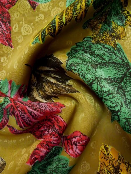 Photo14: L0727G Used Japanese women Pale Beige FURISODE long-sleeved / Synthetic. Leaf   (Grade B) (14)