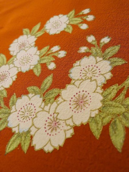 Photo13: L0727H Used Japanese women  Blue FURISODE long-sleeved / Silk. SAKURA cherry blossom,   (Grade C) (13)