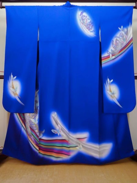 Photo1: L0727J Used Japanese women Vivid Blue FURISODE long-sleeved / Silk. Butterfly,   (Grade C) (1)