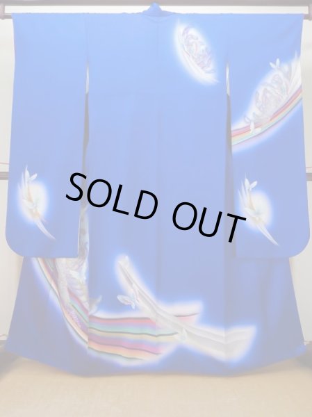 Photo1: L0727J Used Japanese women Vivid Blue FURISODE long-sleeved / Silk. Butterfly,   (Grade C) (1)