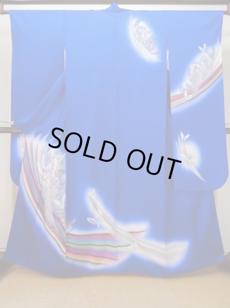Photo2: L0727J Used Japanese women Vivid Blue FURISODE long-sleeved / Silk. Butterfly,   (Grade C) (2)