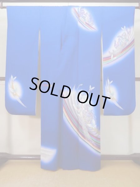 Photo3: L0727J Used Japanese women Vivid Blue FURISODE long-sleeved / Silk. Butterfly,   (Grade C) (3)