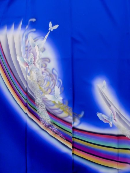 Photo5: L0727J Used Japanese women Vivid Blue FURISODE long-sleeved / Silk. Butterfly,   (Grade C) (5)