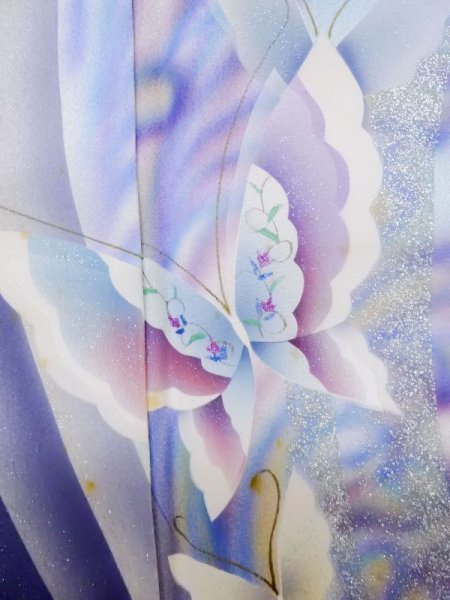 Photo7: L0727J Used Japanese women Vivid Blue FURISODE long-sleeved / Silk. Butterfly,   (Grade C) (7)