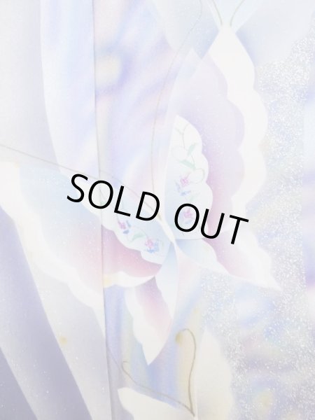 Photo7: L0727J Used Japanese women Vivid Blue FURISODE long-sleeved / Silk. Butterfly,   (Grade C) (7)