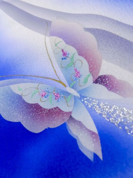Photo13: L0727J Used Japanese women Vivid Blue FURISODE long-sleeved / Silk. Butterfly,   (Grade C) (13)
