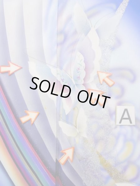 Photo18: L0727J Used Japanese women Vivid Blue FURISODE long-sleeved / Silk. Butterfly,   (Grade C) (18)