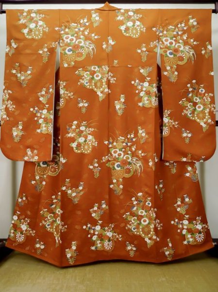 Photo1: L0727L Used Japanese women  Orange FURISODE long-sleeved / Silk. Chrysanthemum, Flower cart pattern  (Grade C) (1)