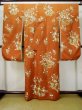 Photo3: L0727L Used Japanese women  Orange FURISODE long-sleeved / Silk. Chrysanthemum, Flower cart pattern  (Grade C) (3)